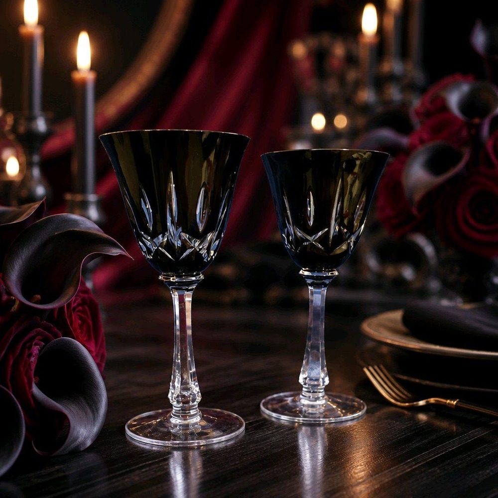 Vintage Nachtmann Andernach Cuttoclear Crystal Wine Glass Pair Wedding Halloween